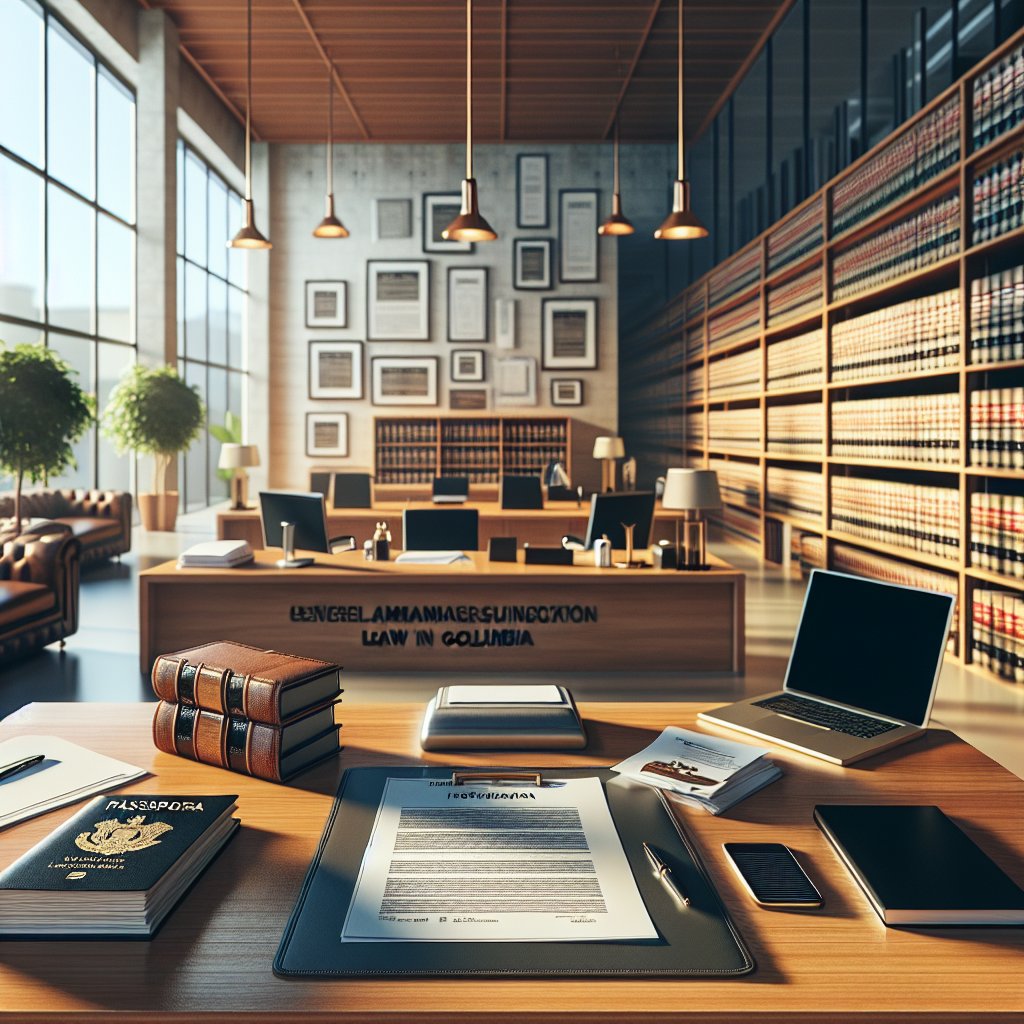 Photograph of immigration law office in Colombia, featuring wooden desk with legal documents, a passport, and a visa