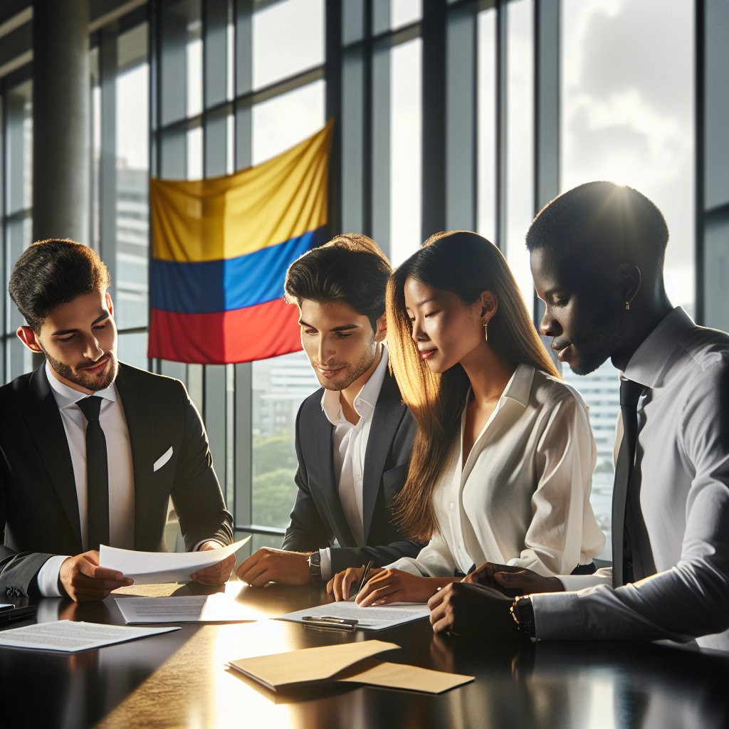 Photograph of a diverse group of people in business casual attire reviewing documents at office desk, with a Colombian