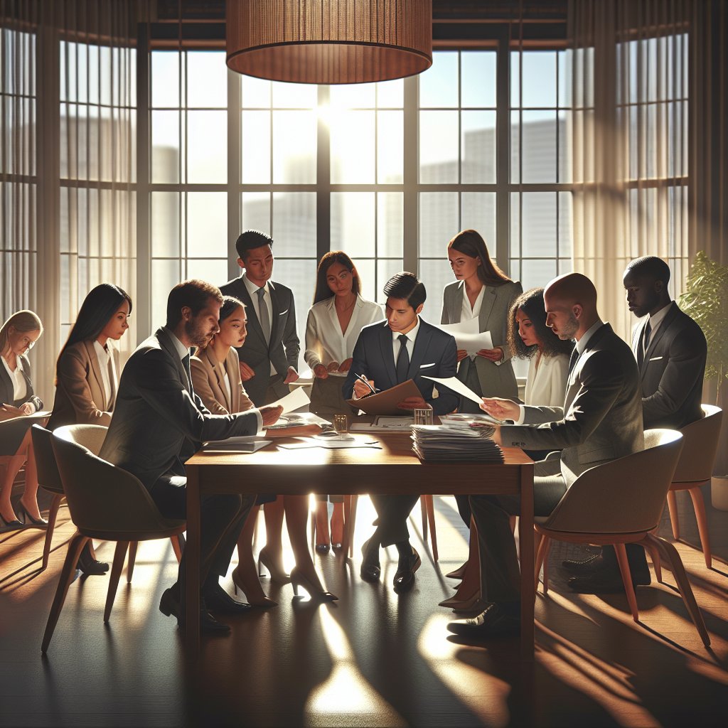 Photograph of a diverse group of people sitting in a modern, well-lit office consultation room with soft natural light