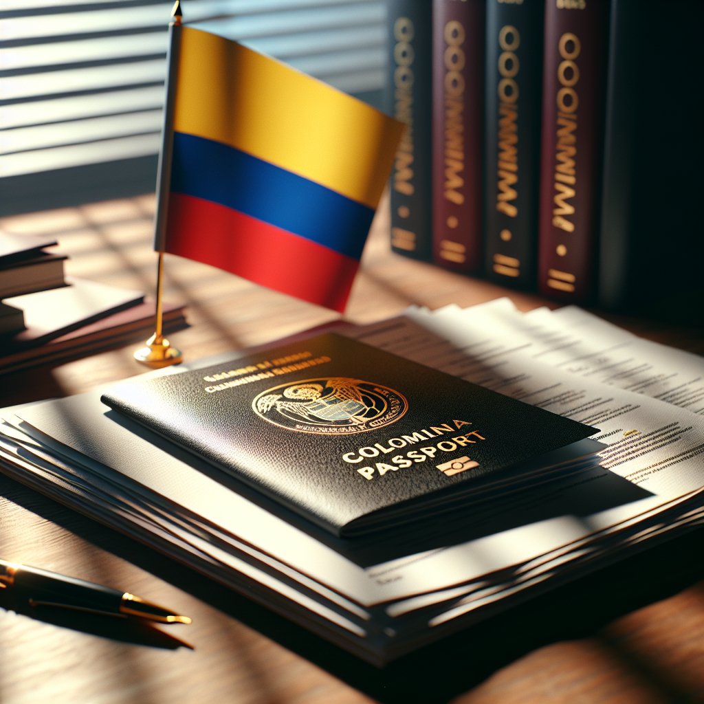 Close-up photograph of official documents and a passport arranged on a wooden desk with a Colombian flag subtly visible