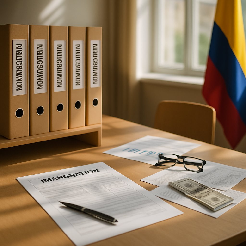 Photograph of a Colombian immigration office setting with organized documentation folders, a desk with official forms