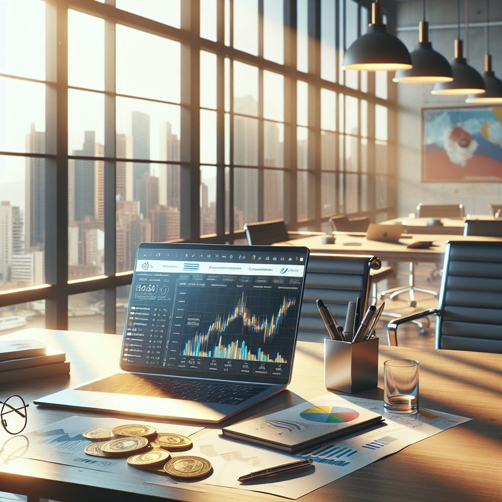 Photograph of office workspace featuring a laptop displaying financial charts and graphs, with Colombian currency