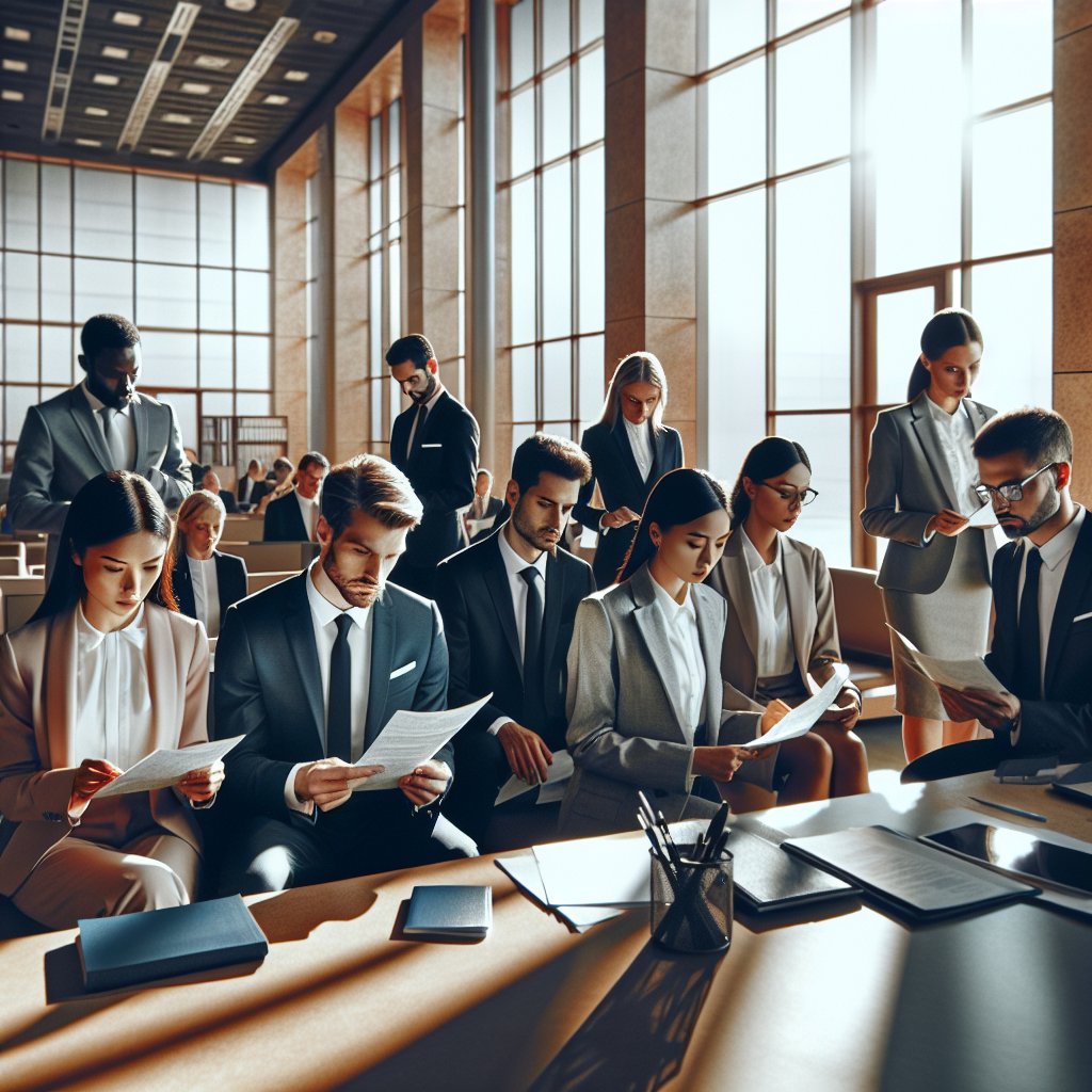 Photograph showing a diverse group of people in business casual attire reviewing travel documents and passports